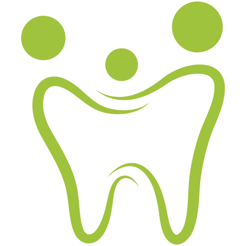 Green stylized tooth icon with happy face design representing dental care and healthy smile.