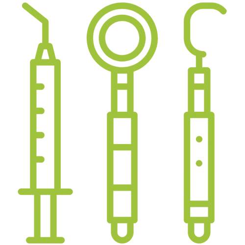 Dental tools icon: syringe, mirror, and scaler in green outline design.