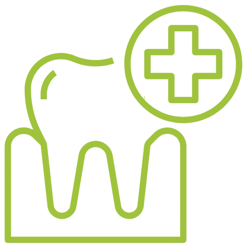 Green line illustration of tooth with medical cross symbol indicating dental care and treatment.